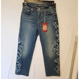 Lucky Brand Women's 6/28 90s Loose High Rise Crop Jeans Blue Embroidered Floral